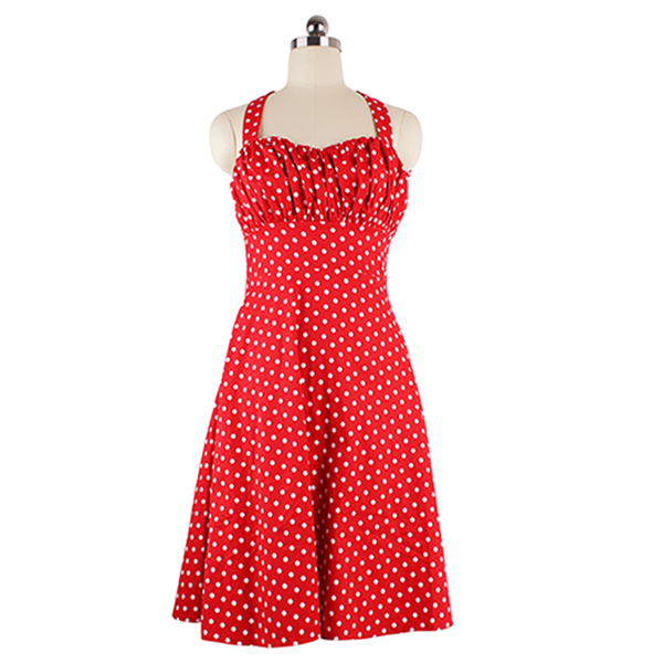 Sexy 1950's Red Vintage Halter Polka Dot Print Casual Swing Dress N11522