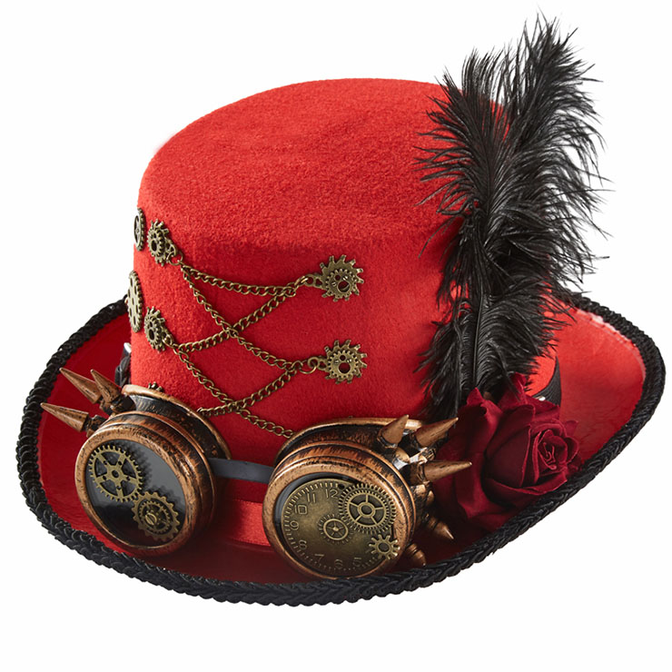 Red Steampunk Red Rose and Gear Goggles Masquerade Halloween Costume Top Hat J22787