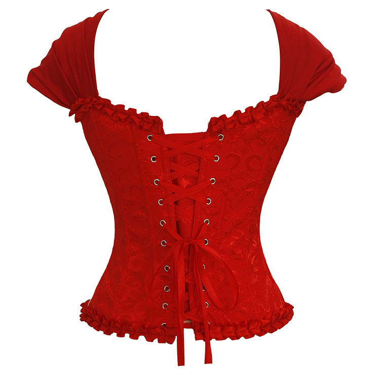 Red bustier, vintage corset, brocade corset, ruffle trim, Baroque style, dance costume, Renaissance wear, lace-up back, theatrical corset, historical costume, metallic brocade, vintage performance wear, puffed sleeve corset, bridal corset, adjustable corset #N23801