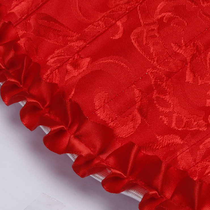 Red bustier, vintage corset, brocade corset, ruffle trim, Baroque style, dance costume, Renaissance wear, lace-up back, theatrical corset, historical costume, metallic brocade, vintage performance wear, puffed sleeve corset, bridal corset, adjustable corset #N23801