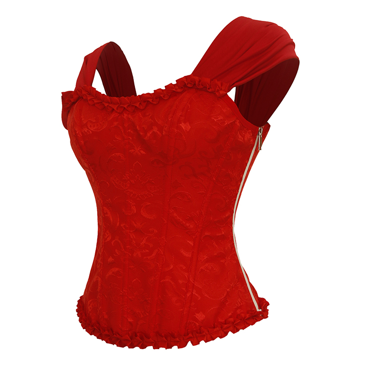 Red bustier, vintage corset, brocade corset, ruffle trim, Baroque style, dance costume, Renaissance wear, lace-up back, theatrical corset, historical costume, metallic brocade, vintage performance wear, puffed sleeve corset, bridal corset, adjustable corset #N23801