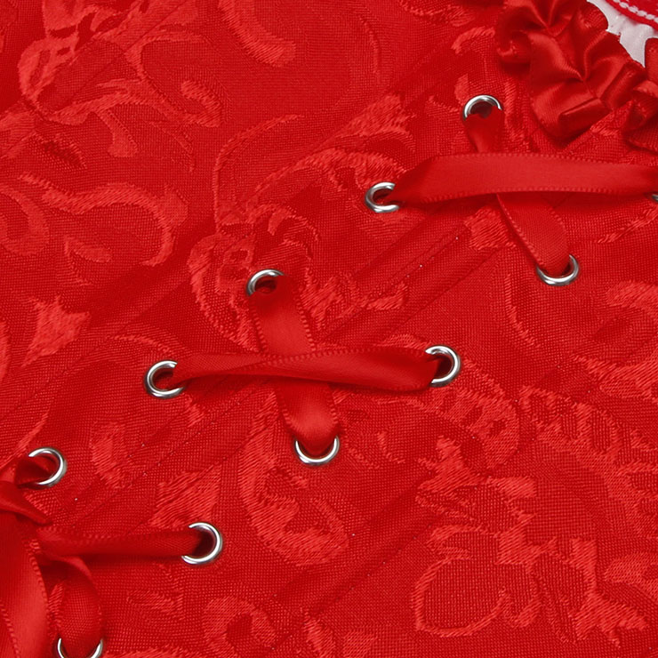 Red bustier, vintage corset, brocade corset, ruffle trim, Baroque style, dance costume, Renaissance wear, lace-up back, theatrical corset, historical costume, metallic brocade, vintage performance wear, puffed sleeve corset, bridal corset, adjustable corset #N23801