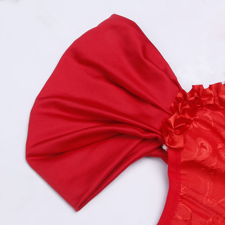 Red bustier, vintage corset, brocade corset, ruffle trim, Baroque style, dance costume, Renaissance wear, lace-up back, theatrical corset, historical costume, metallic brocade, vintage performance wear, puffed sleeve corset, bridal corset, adjustable corset #N23801