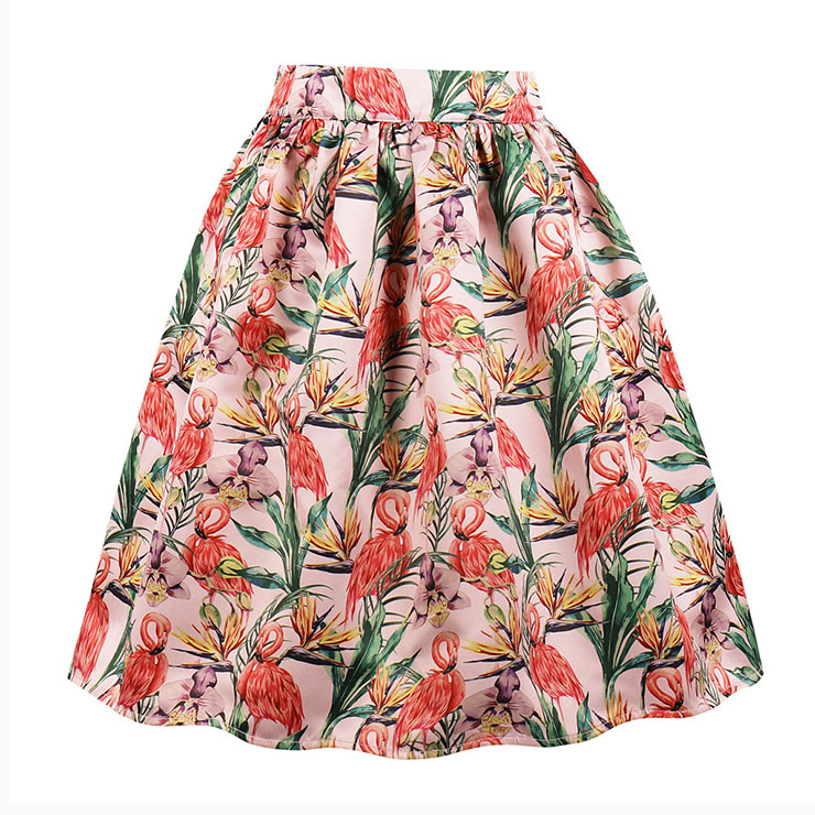 Retro Casual Red-crowned Crane Print High Waist Ruffled Flared Midi A ...