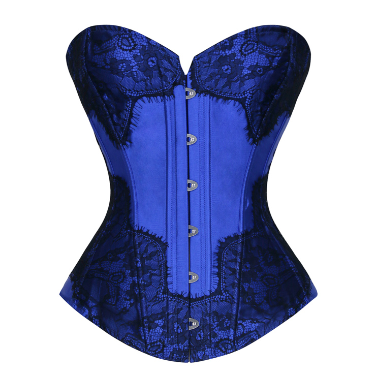 Retro Blue Satin Corset Lace Embellished Overbust Corset N18017