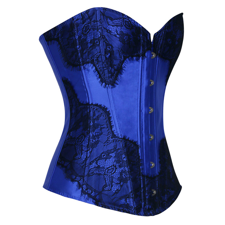 Retro Blue Satin Corset Lace Embellished Overbust Corset N18017