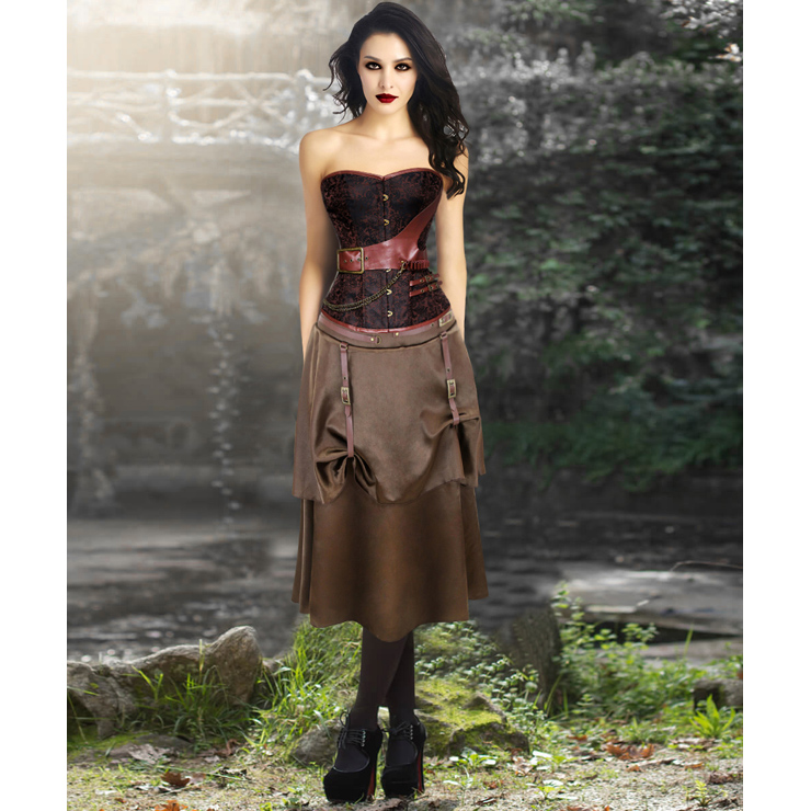 Retro Brown Jacquard Buckle Overbust Corset and Vintage Satin Skirt Set N13048