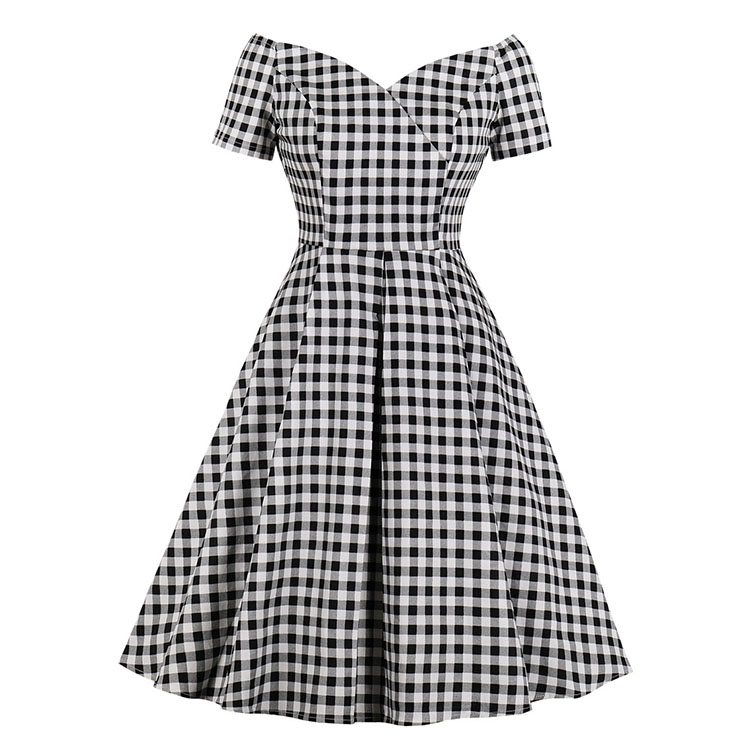 Retro Black and White Check Pattern Off Shoulder Short Sleeves High ...