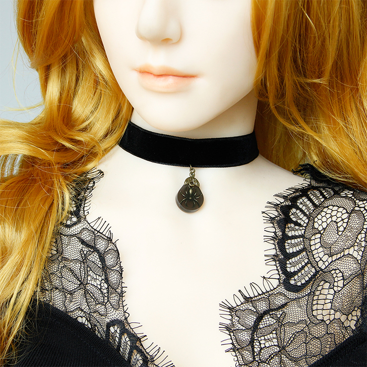 Gothic Style Alloy Spider Amber And Black Cloth Belt Choker Halloween Necklace J19690