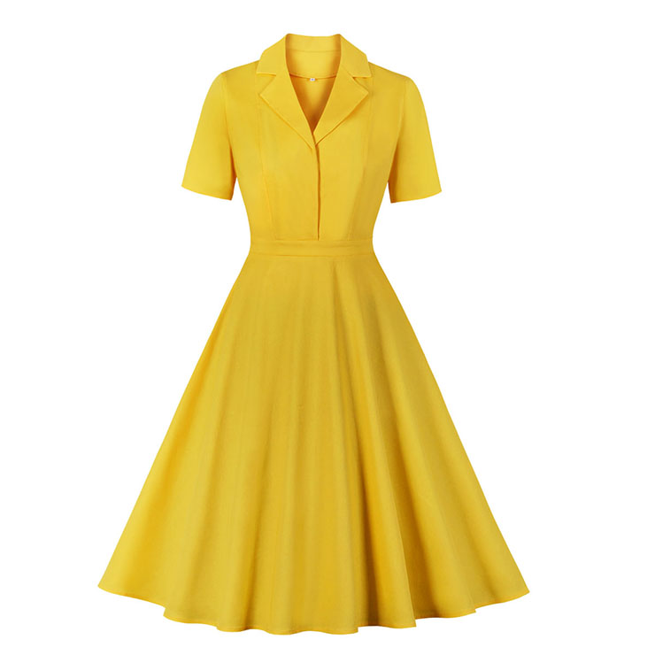 Retro Hepburn Solid Color Lapel Short Sleeve High Waist Midi Swing ...