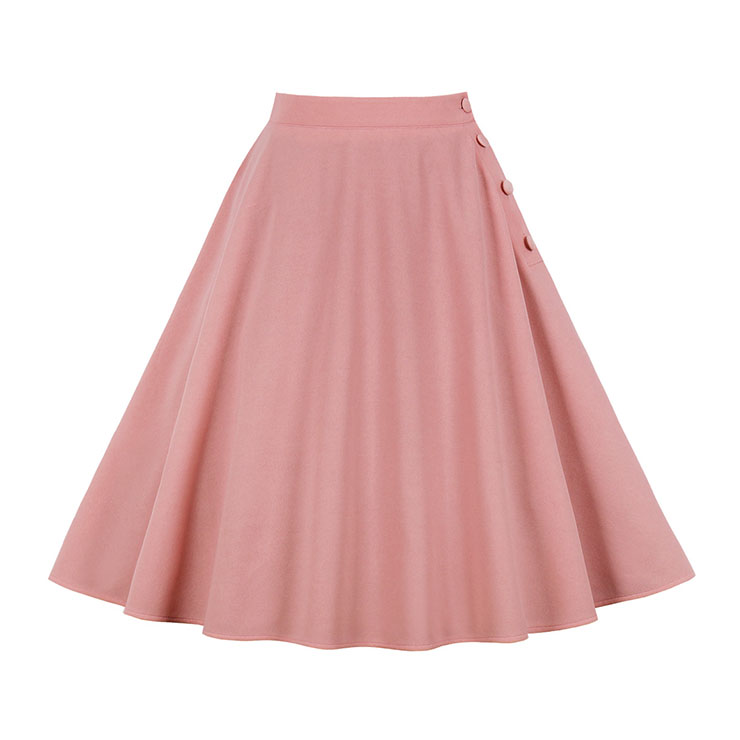 Retro Pink Side Button Closure Solid Color High Waisted A-line Flared Skirt N21511