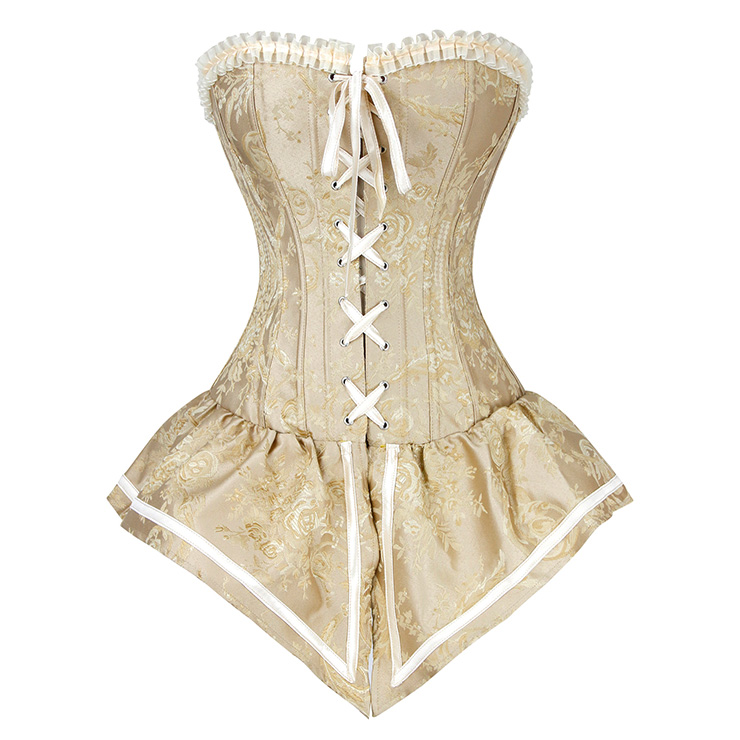 Retro Royal Yellow Jacquard Brocade Lace-up Overbust Corset with Skirt N18260