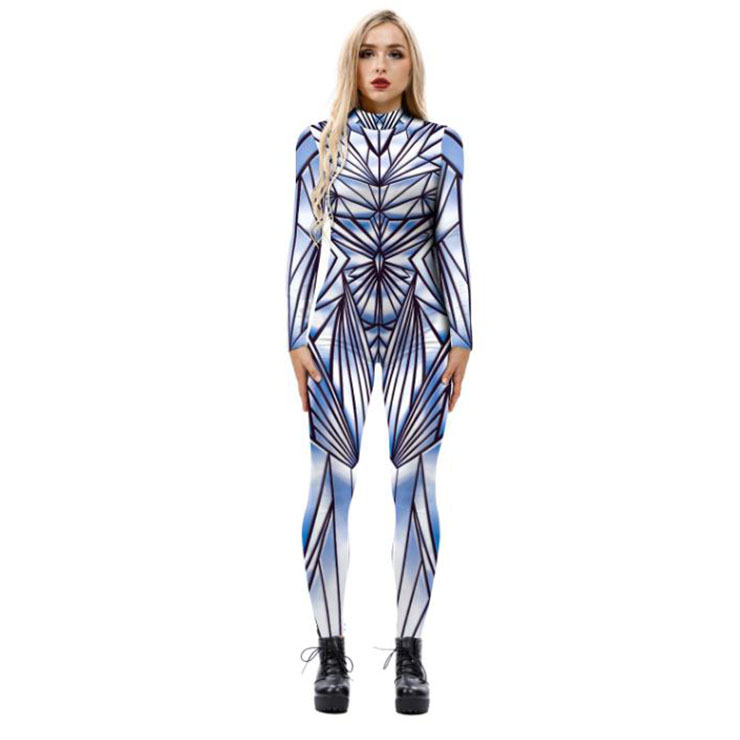 Futuristic Robot Printed Jumpsuit, Halloween Robot High Neck Slim Fit Bodysuit, Halloween Bodycon Jumpsuit, Long Sleeve High Neck Jumpsuit, Halloween Robot Jumpsuit for Women, #N21401
