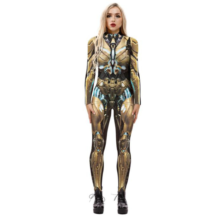 Futuristic Iron Robot Printed Jumpsuit, Halloween Iron Robot High Neck Slim Fit Bodysuit, ET Alien Halloween Bodycon Jumpsuit, Long Sleeve High Neck Jumpsuit, Halloween Robot Jumpsuit for Women, #N21404