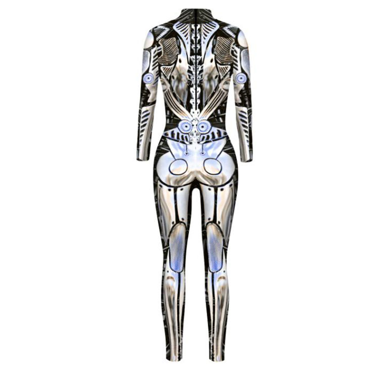 Futuristic Iron Robot Printed Jumpsuit, Halloween Iron Robot High Neck Slim Fit Bodysuit, ET Alien Halloween Bodycon Jumpsuit, Long Sleeve High Neck Jumpsuit, Halloween Robot Jumpsuit for Women, #N21405