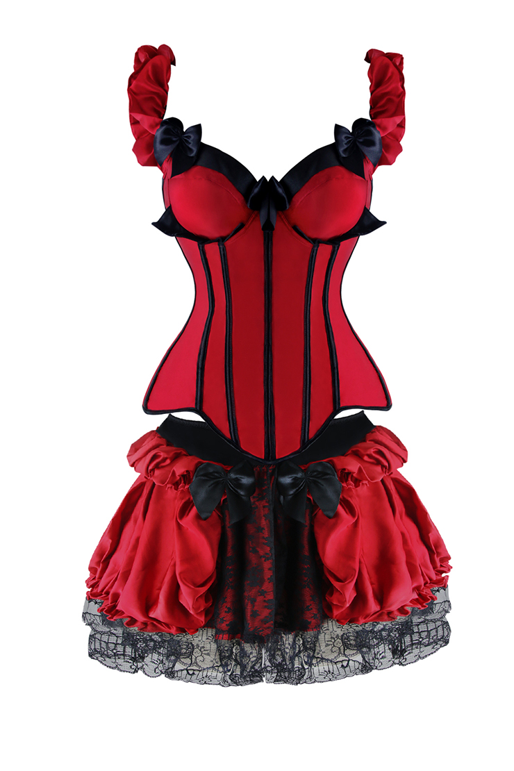 2 Pcs Deluxe Vintage Victorian Floral Satin Velvet Overbust Corset with Dancing Skirt Set