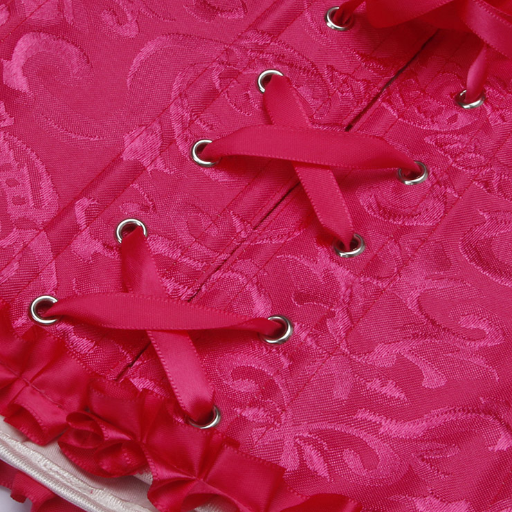 Rose bustier, vintage corset, brocade corset, ruffle trim, Baroque style, dance costume, Renaissance wear, lace-up back, theatrical corset, historical costume, metallic brocade, vintage performance wear, puffed sleeve corset, bridal corset, adjustable corset #N23800