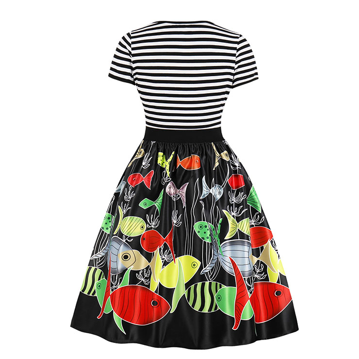 Fashion Dresses for Women, Cocktail Party Dress, Fashion Short Sleeves Swing Dresses, A-line Cocktail Party Swing Dresses, Fahion Printed Dress, Round Neck Vintage Day Dress, #N18039