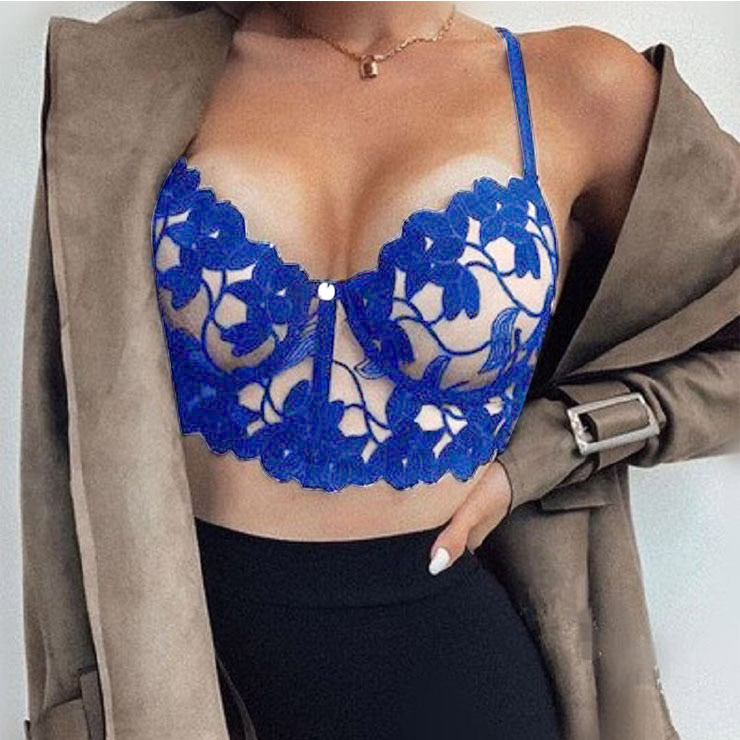 Sexy Charming Blue See-through Floral Lace Three-point Bra Crop Top N21257