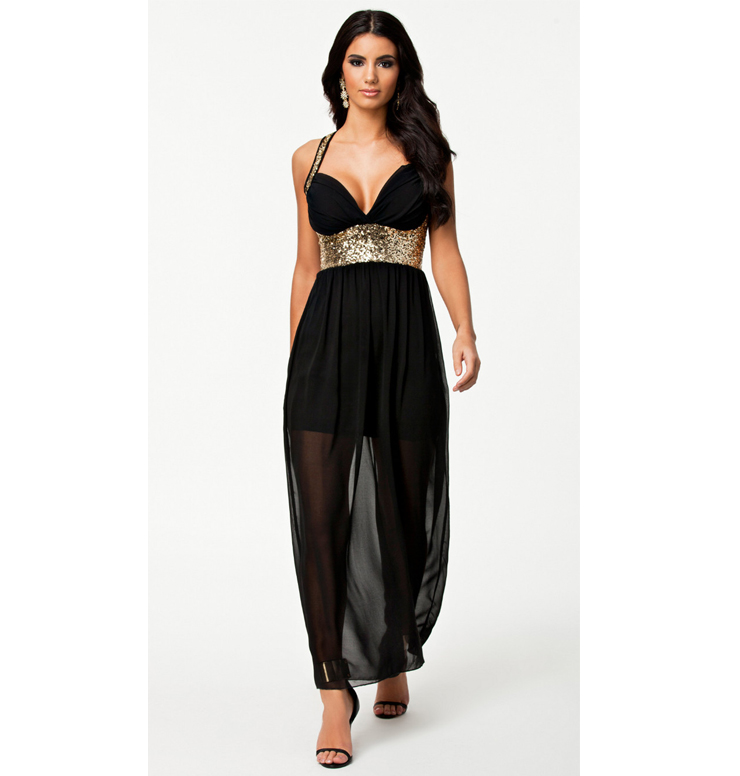 Sequin Maxi Dress, Chiffon Long Evening Dress, Gold Sequin Cross Back Dress, #N8622