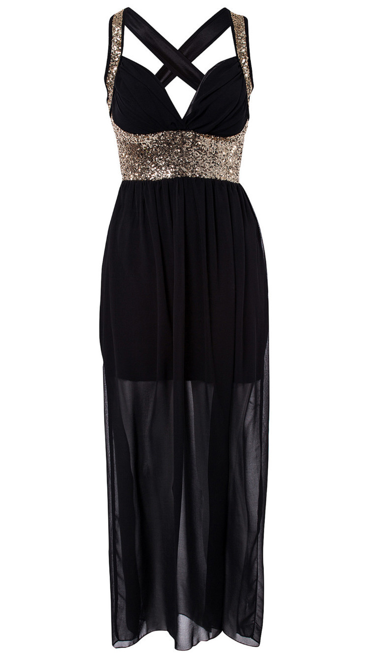 Sequin Maxi Dress, Chiffon Long Evening Dress, Gold Sequin Cross Back Dress, #N8622