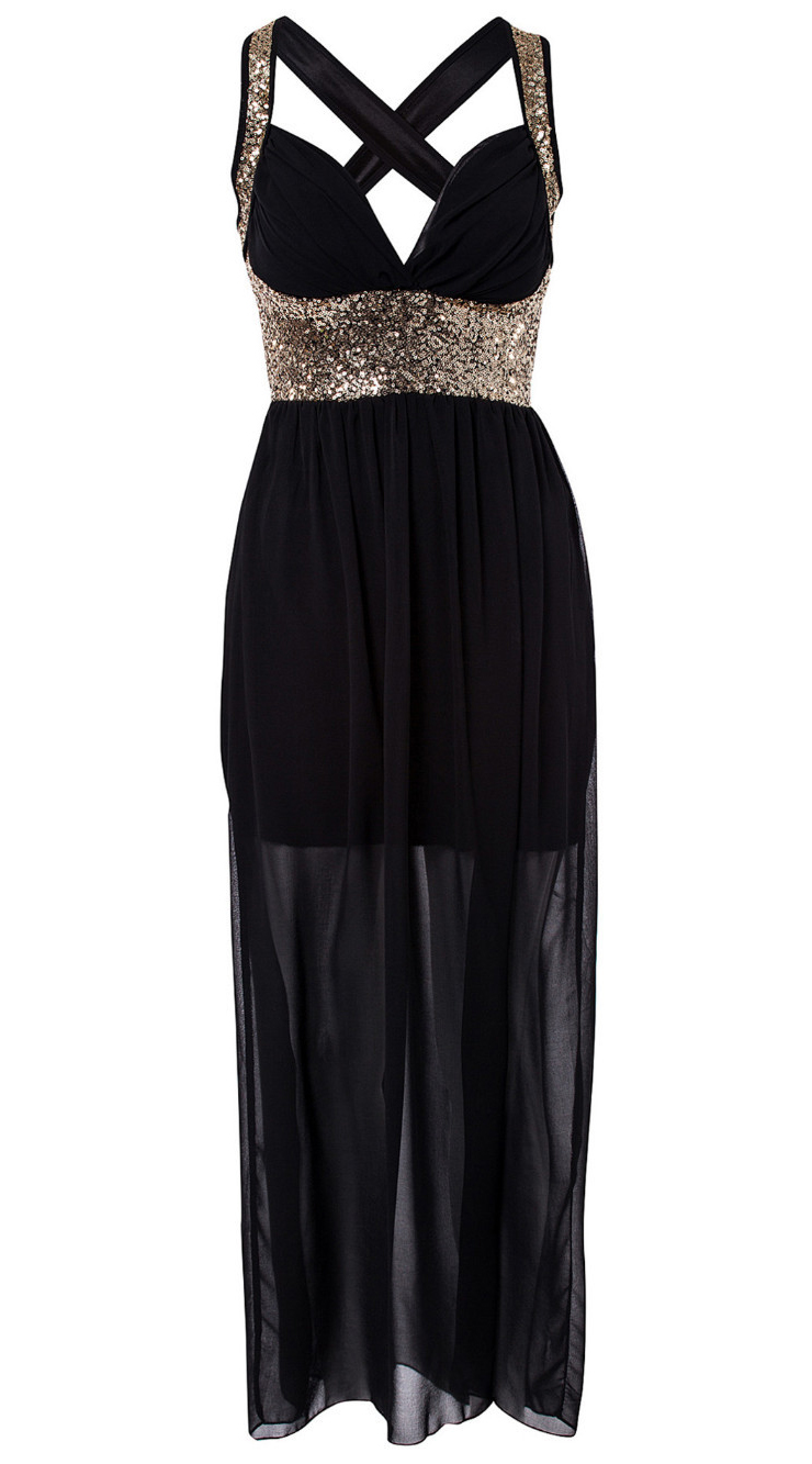 Sexy Deep-V Black Chiffon Sequin Maxi Dress N8622