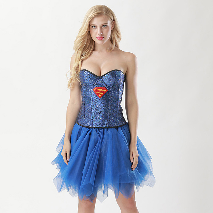 Women's 8 Plastic Boned Sequined Superwoman Corset Tulle Petticoat Set Halloween Costume N15021
