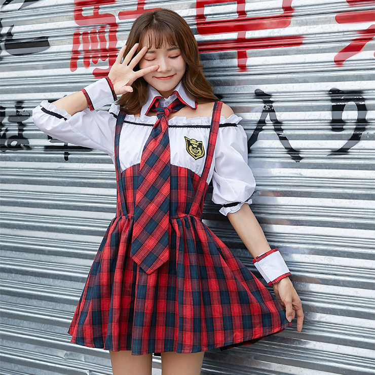 4pcs Pretty School Girl Off Shoulder Fake Two Pieces Checkered Dress Adult Cosplay Costume N19473