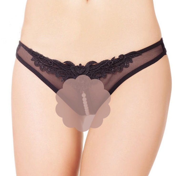 Sexy Black Crotchless Applique Pearl Panty PT17274
