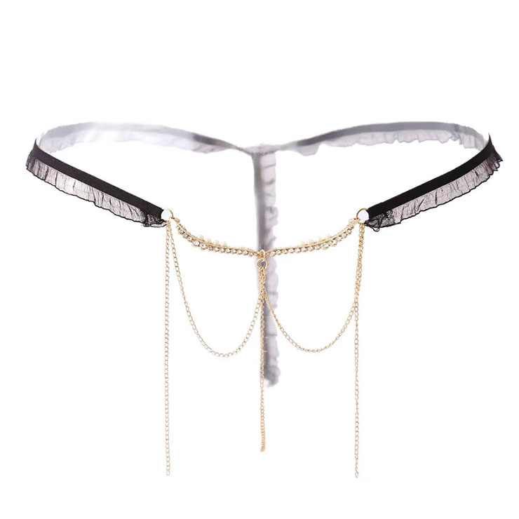 Sexy Black Elastic Lace Trim Thong Pearl Chain Underwear Low Waist G