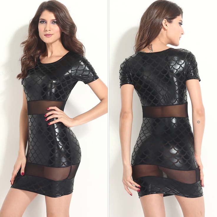 Sexy Black Dress, Fish Scale Pattern Dress, Cheap Bodycon Dress, Lady See-Through Dress. Mini Dress, #N10029
