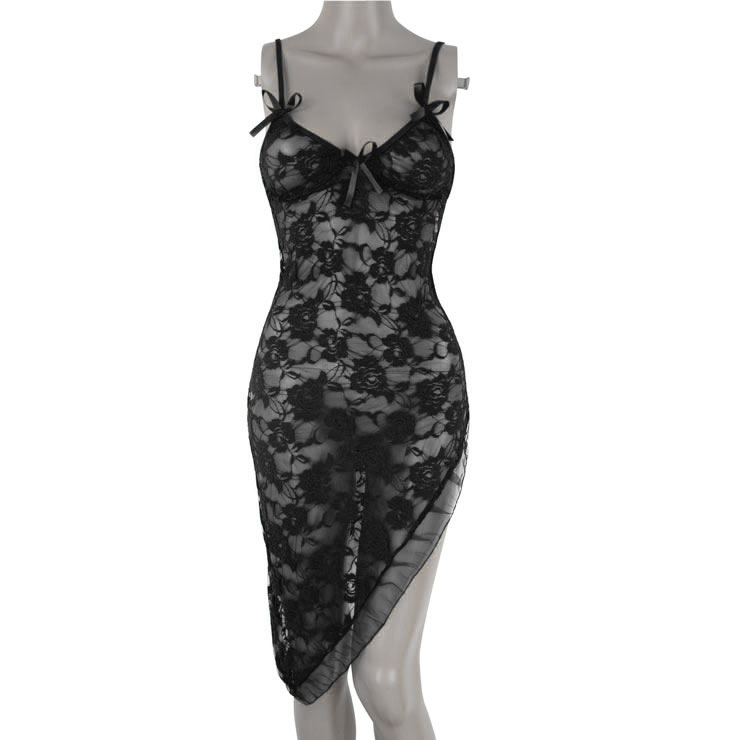 Lace Gown, Floral Lace Lingerie Dress, Black Lace Long Dress, Sheer Floral Lace Dress, #N16806