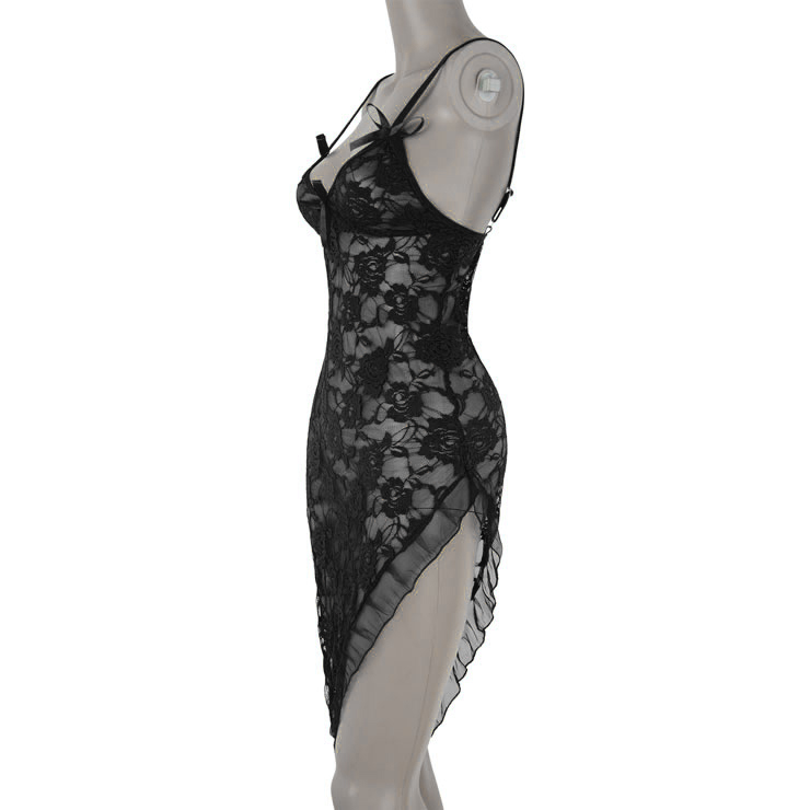 Lace Gown, Floral Lace Lingerie Dress, Black Lace Long Dress, Sheer Floral Lace Dress, #N16806