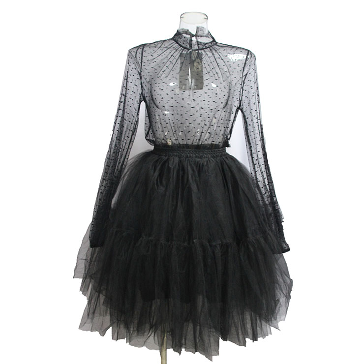 Sexy Black Polka Dots Sheer Soft Yarn Stand Collar Long Sleeve Blouse Tulle Skirt Set N20254