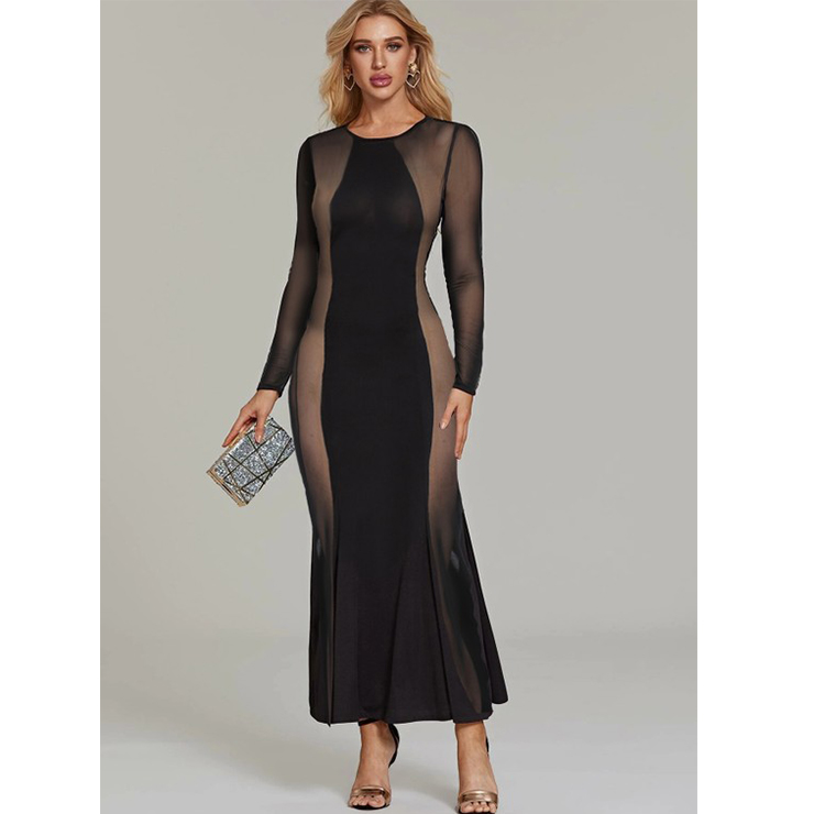 Sexy See-through Long Gown, Cheap Black Clubwear Long Dress, Women