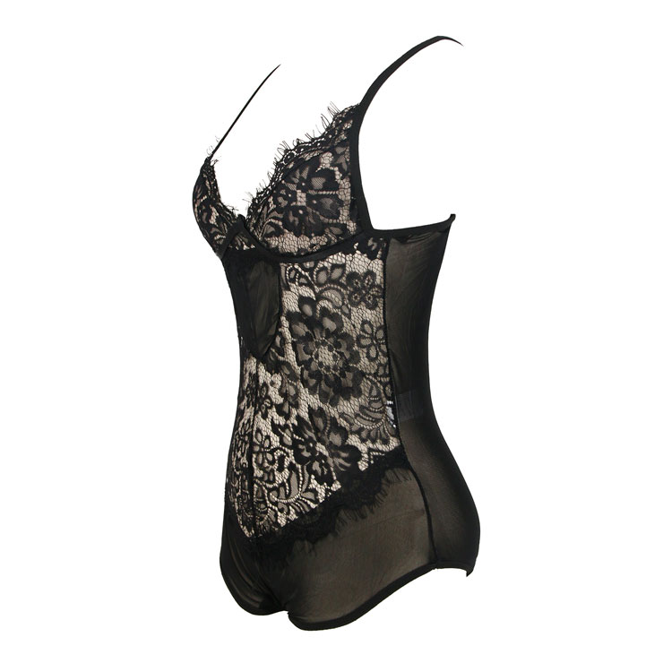 Sexy Black Underwire Cup Hollow Out Floral Lace Bodysuit Lingerie N16762