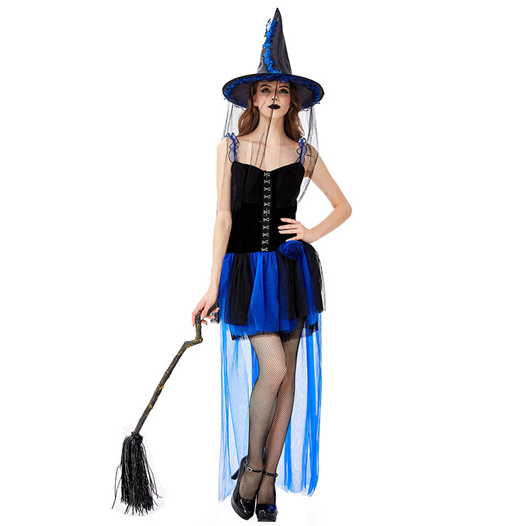 Sexy Gothic Black Witch Mini High-low Dress Adult Halloween Cosplay Costume with Hat N19440