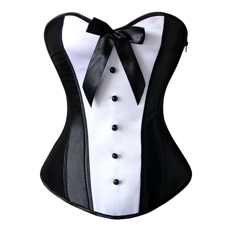 Sexy Black and White Satin Tux Cocktail Overbust Corset N10442