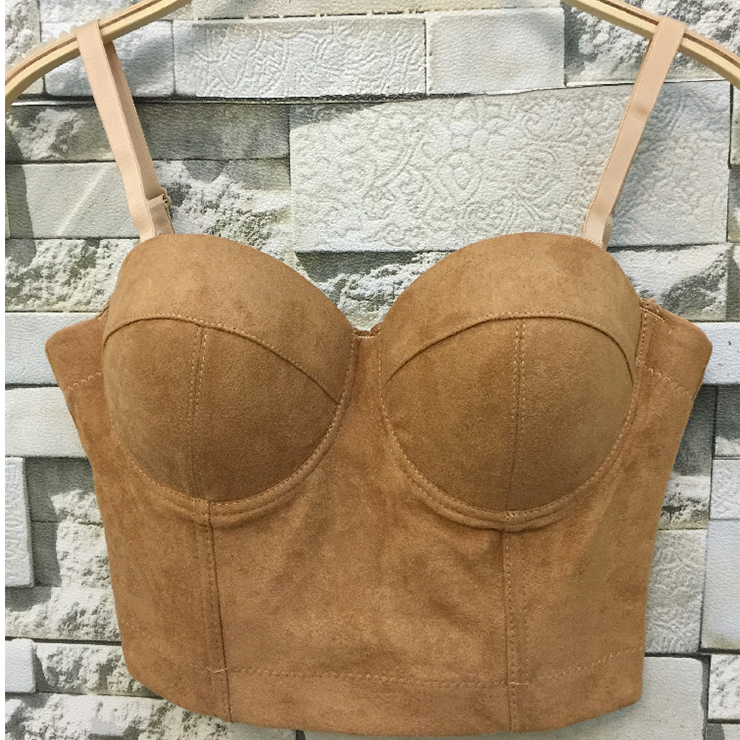 Sexy Brown Spaghetti Straps Faux Suede Bustier Corset Crop Top N18814