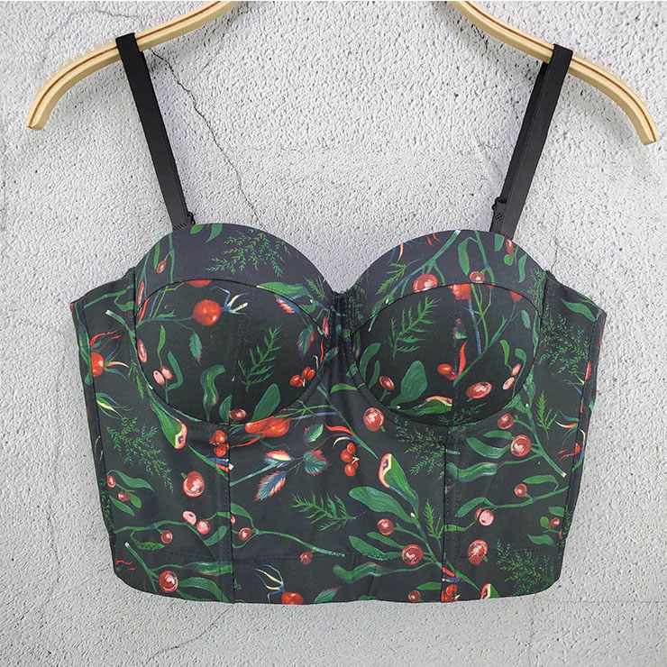 Sexy French Leaves Print Padded Underwire Bustier Spaghetti Straps Bra Clubwear Crop Tops N21028