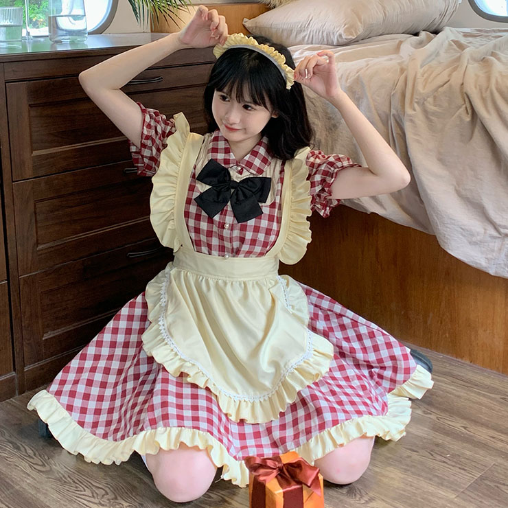 4pcs Adorable French Maid Ruffle Apron Puff Sleeve Mini Dress Anime Lolita Cosplay Costume N21829