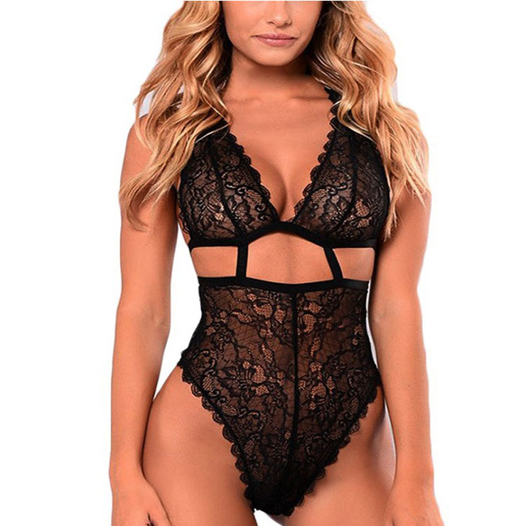 One-piece Teddy Lingerie, Sexy Black Floral Lace Lingerie Set, Fashion Strappy Badysuit Set, Sexy Cut Out Bra Set, Sexy Strappy Thong Set,Halter Strappy Low Cut Lingerie, #N21003