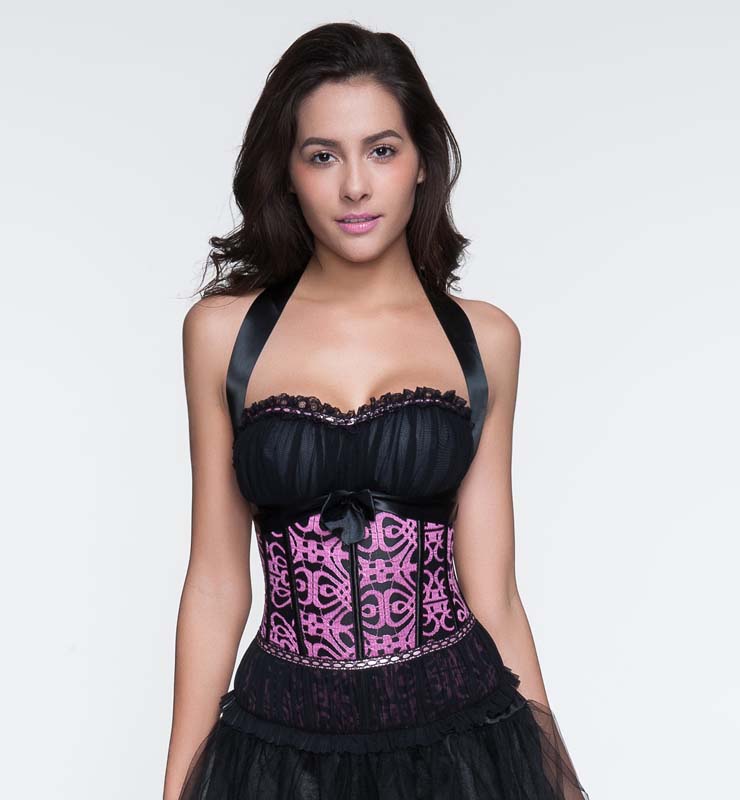 Sexy Pink and Black Halter Tie Neck Zipper Back Outerwear Corset N10577