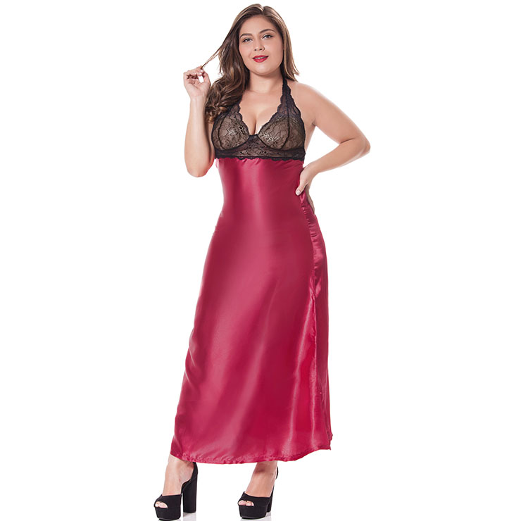 Sexy Lace Long Gown, Cheap Wine-Red Satin Long Dress, Women
