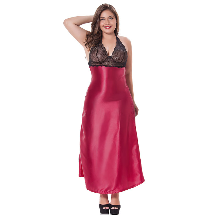 Sexy Lace Long Gown, Cheap Wine-Red Satin Long Dress, Women