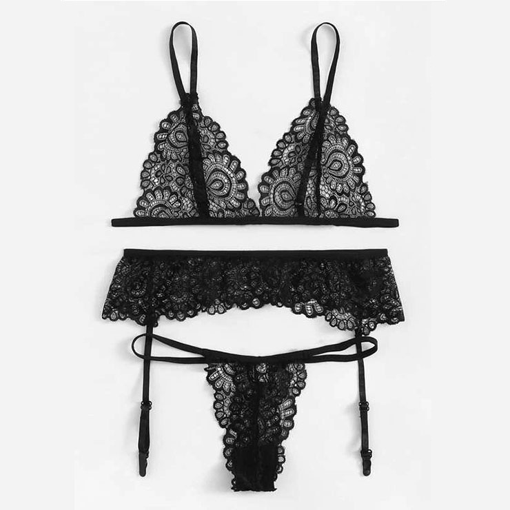 Sexy Black Lace Hollow Spaghetti Straps Triangle Bra Thong Lingerie ...