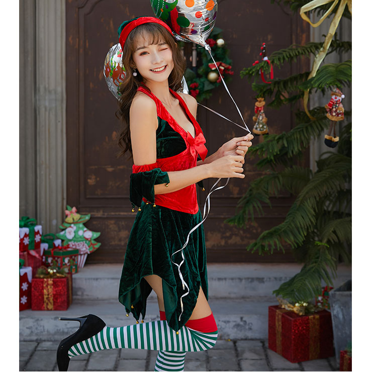 Green Leaf Cutting Dress, Sexy Halter Deep-v Backless Christmas Costume, Comfortable Sleeveless Velvet Dress, Christmas Dress,Christmas Costume for Womem, #XT9883