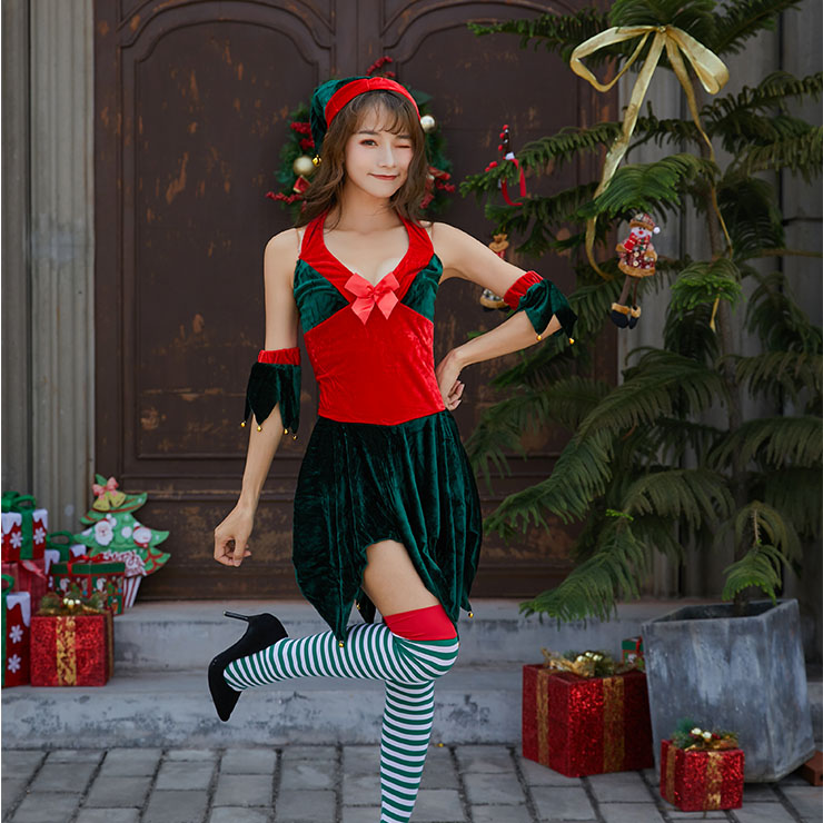 Green Leaf Cutting Dress, Sexy Halter Deep-v Backless Christmas Costume, Comfortable Sleeveless Velvet Dress, Christmas Dress,Christmas Costume for Womem, #XT9883