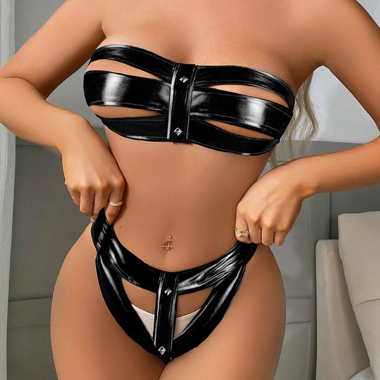 Sexy Hot PU Leather Black Bra With Thong Set, Fetish PU Leather BDSM Clothing, Sexy Clubwear Stripper Striptease Bodysuit for Women, Two Pieces Lingerie, Cheap Black PU Lingerie,#N22850