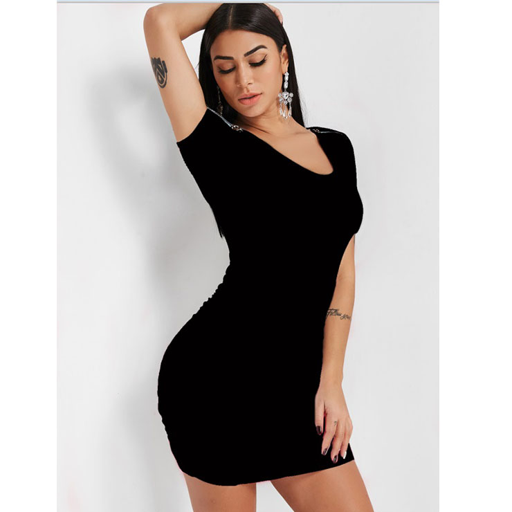 Sexy Low-cut Short Sleeves Zipper Tube Dress Clubwear Mini Bodycon ...